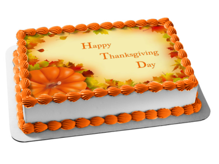 Happy Thanksgiving Pumpkin Fall Colored Leaves Edible Cake Topper Image ABPID54353 Supply