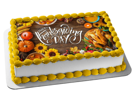 Happy Thanksgiving Day Pumpkins Flowers Thanksgiving Dinner Edible Cake Topper Image ABPID54358 For Discount