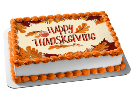 Happy Thanksgiving Fall Colored Leaves Edible Cake Topper Image ABPID54355 Supply